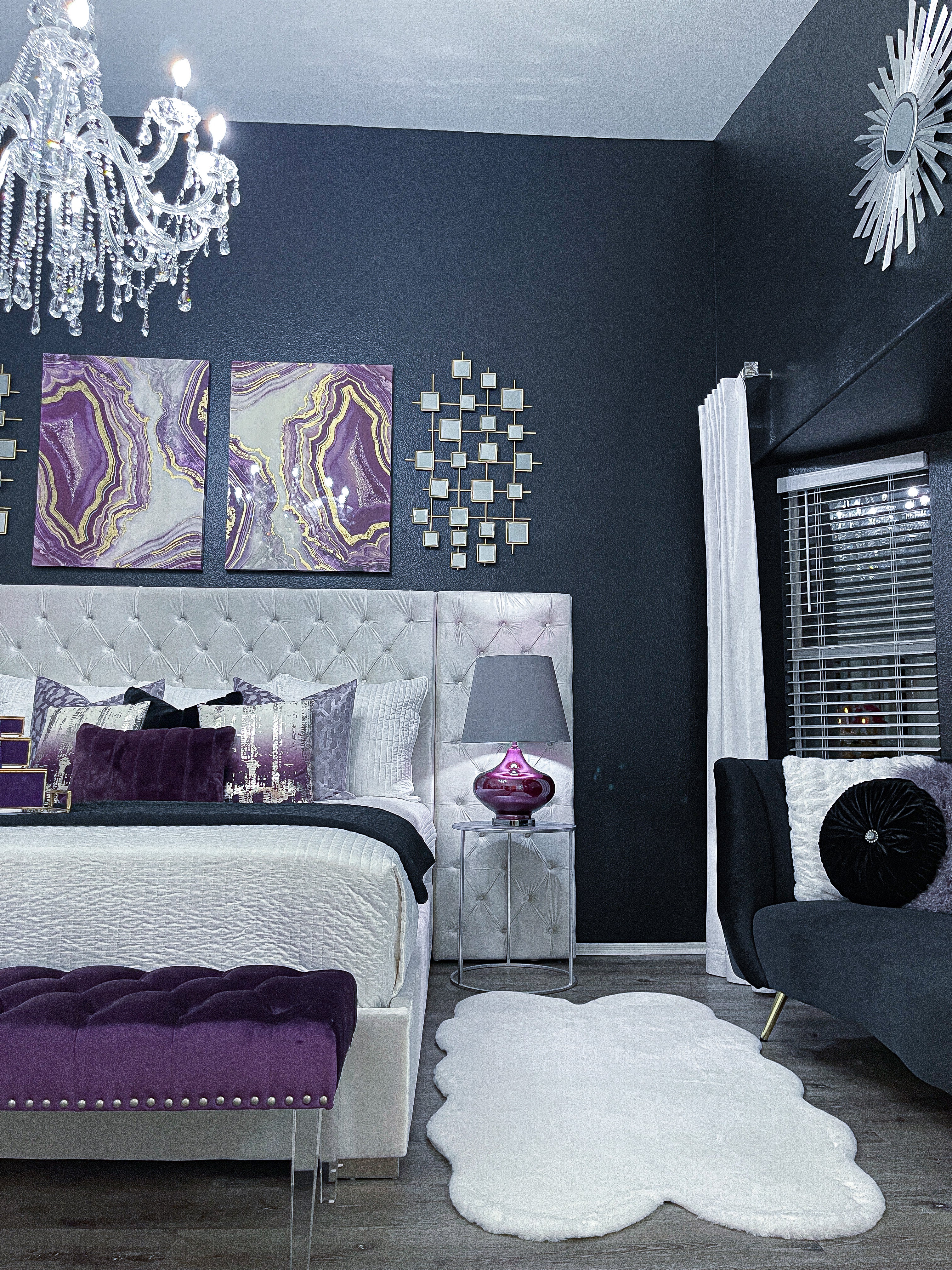 grey and purple master bedroom